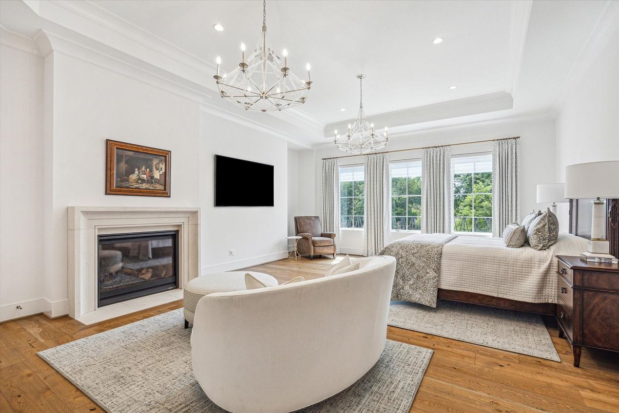 Bedroom, Chandelier, Fireplace, Interior, Recessed Lighting, Wood Texture Flooring