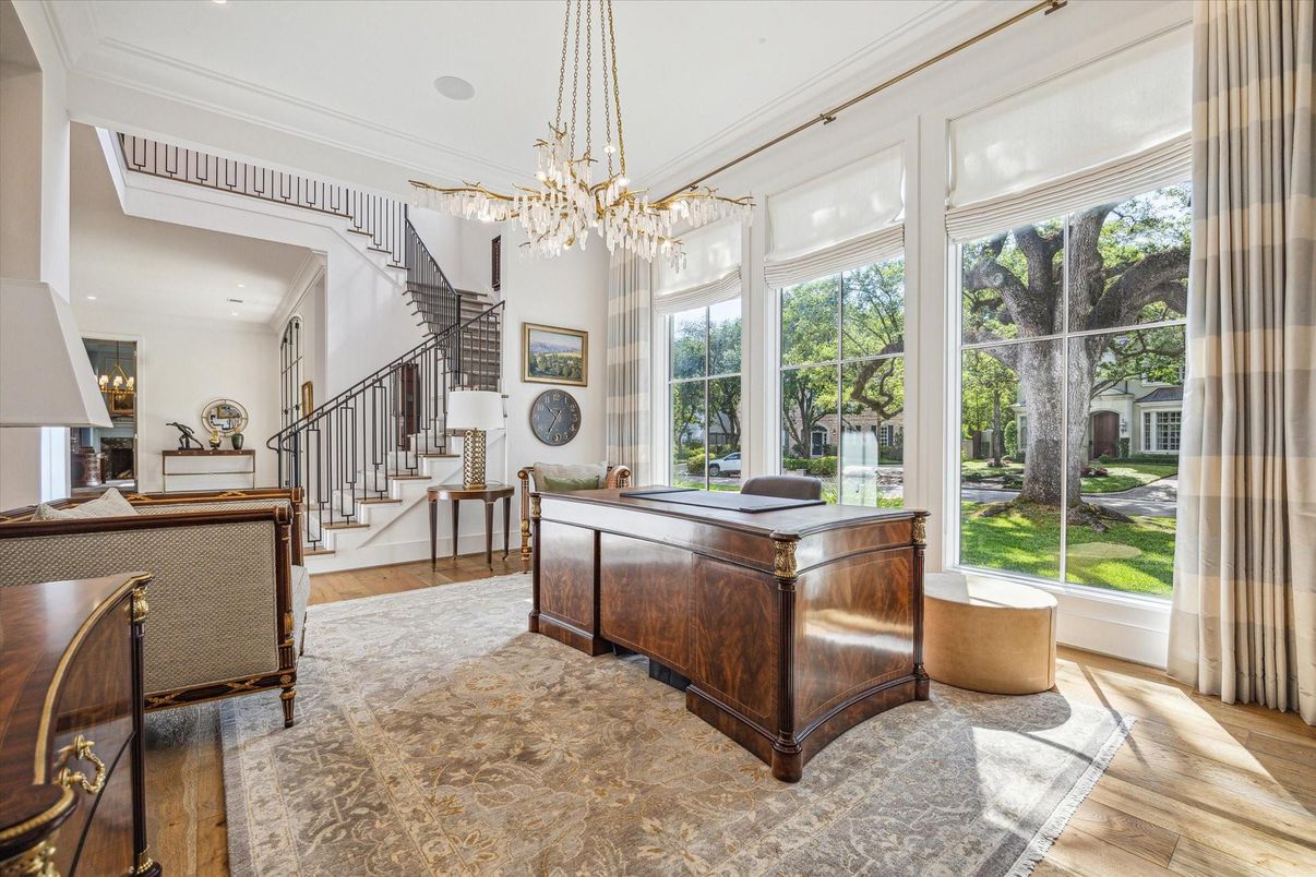 Chandelier, Home Office, Interior, Recessed Lighting, Wood Texture Flooring