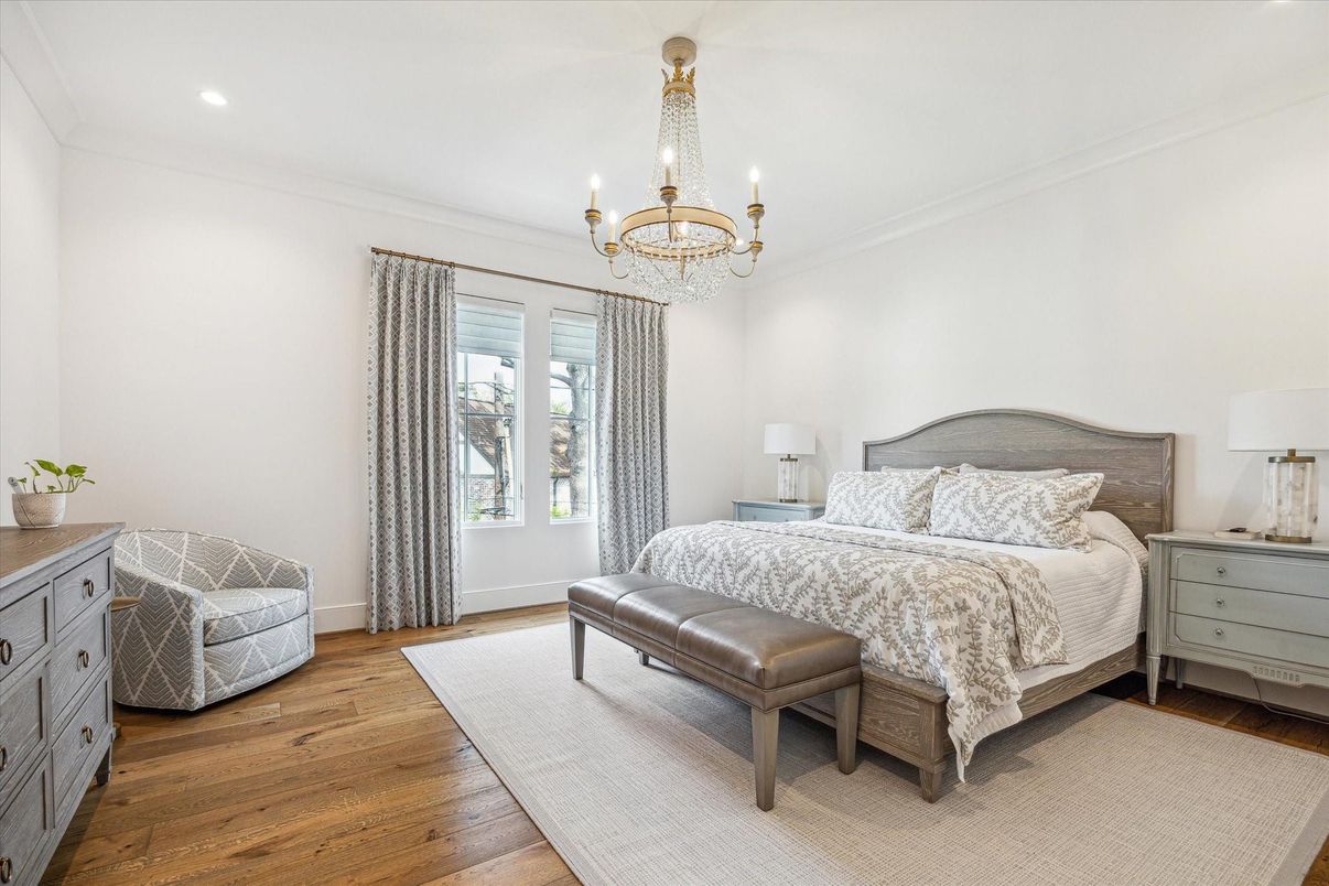 Bedroom, Chandelier, Interior, Recessed Lighting, Wood Texture Flooring
