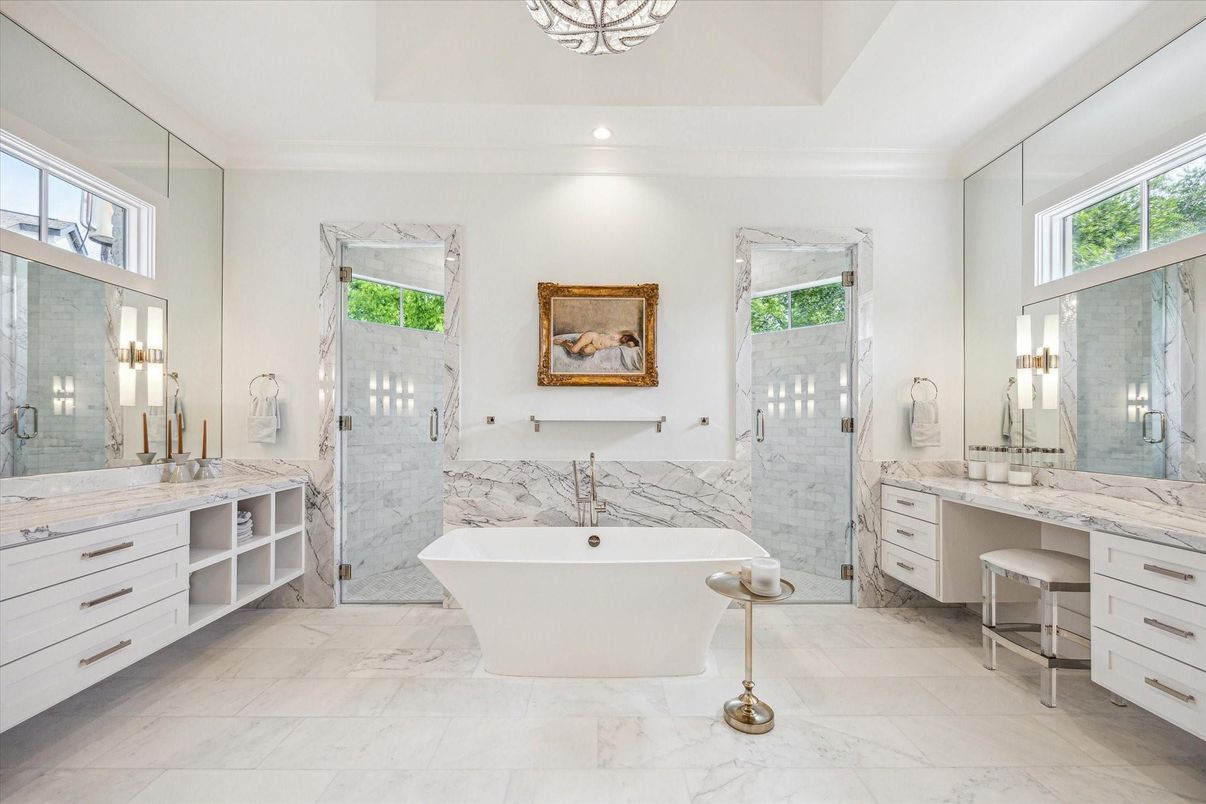 Bathroom, Dual Sink Vanities, Free Standing Baths, Glass Shower, Interior, Marble, Marble Walls, Recessed Lighting