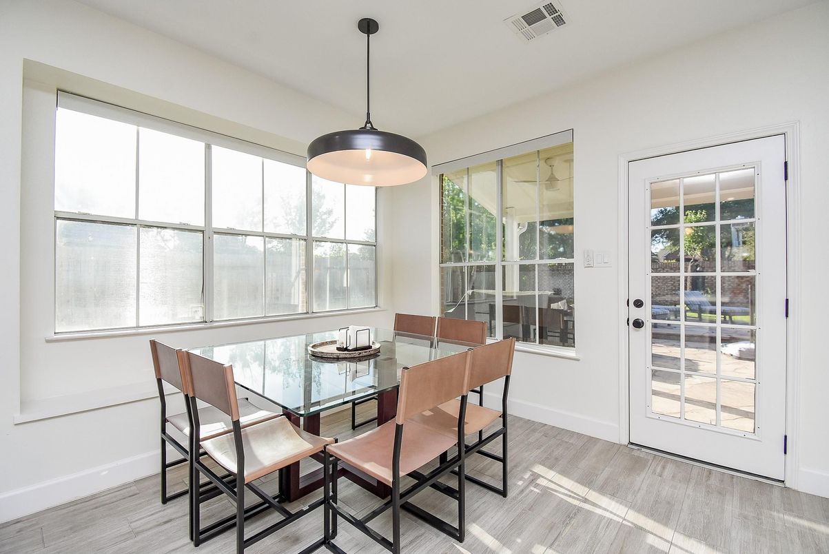 Dining room, Interior, Pendant Lights, Wood Texture Flooring