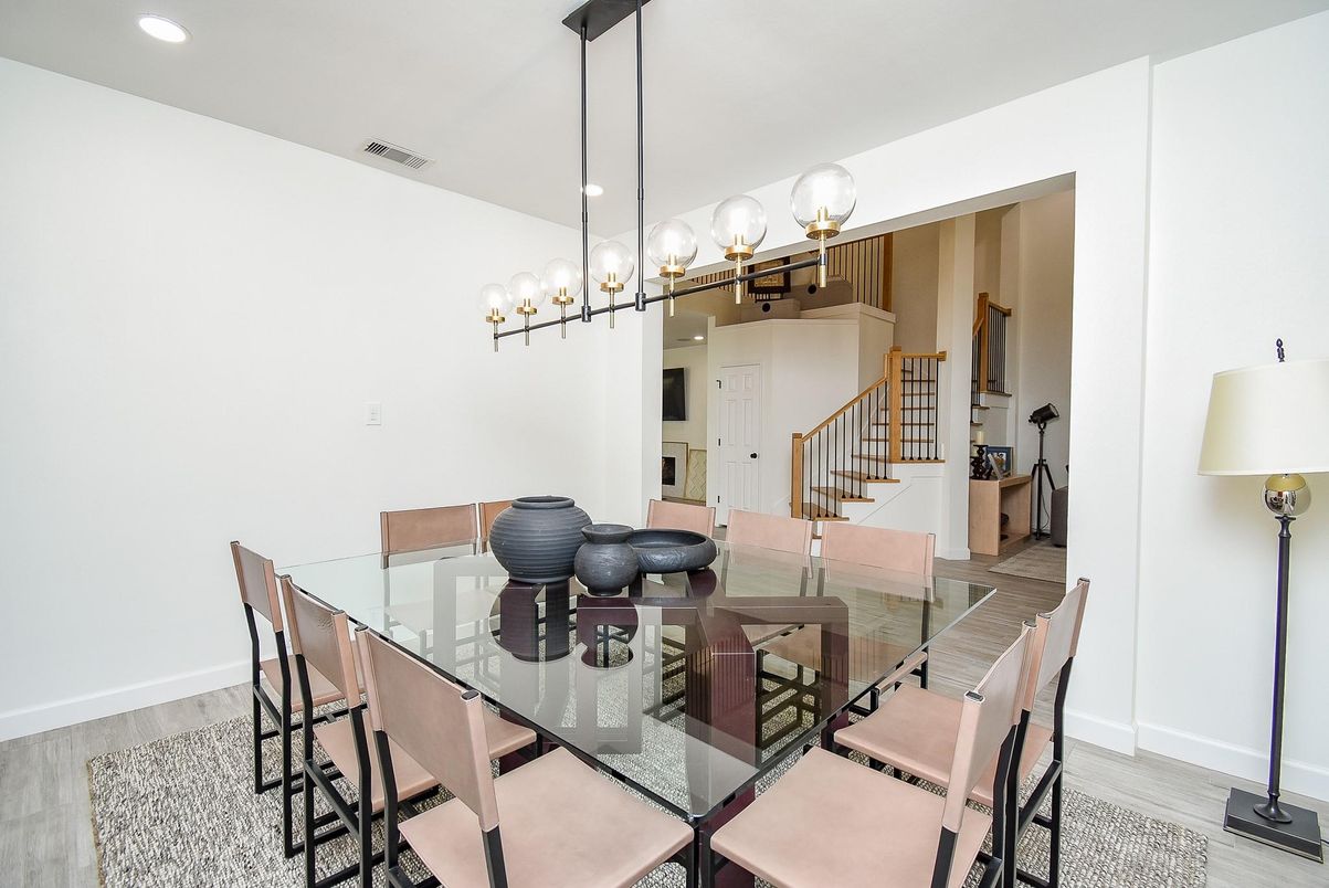 Dining room, Interior, Pendant Lights, Recessed Lighting, Wood Texture Flooring