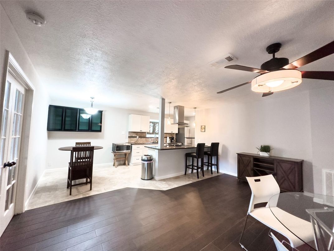 Dining room, Interior, Kitchen, Pendant Lights, Wood Texture Flooring