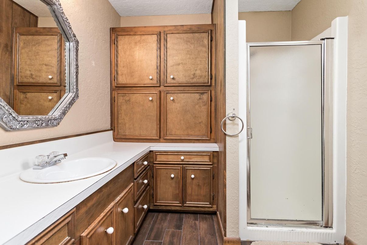 Bathroom, Interior, Tile Countertops, Wood Texture Flooring