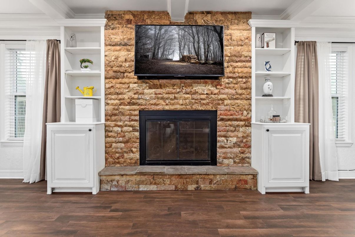 Fireplace, Interior, Stone Walls, Wood Texture Flooring
