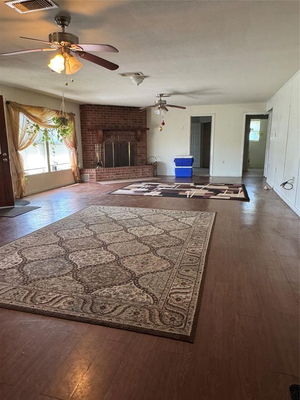 Empty room, Fireplace, Interior, Stone Walls, Wood Texture Flooring