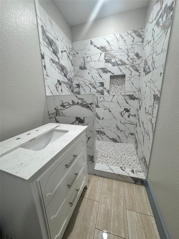 Bathroom, Interior, Marble Walls, Wood Texture Flooring