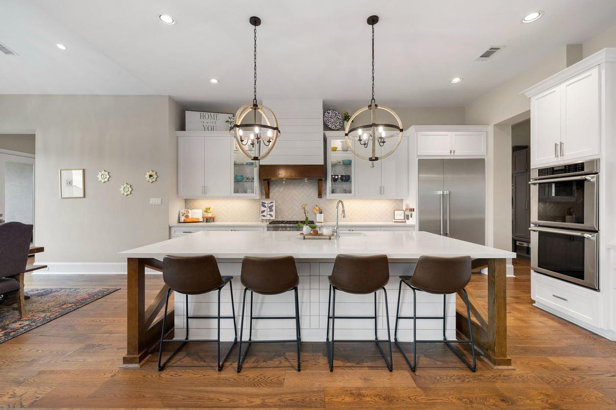 Chandelier, Interior, Kitchen, Pendant Lights, Recessed Lighting, Stainless Steel Appliances, Wood Texture Flooring