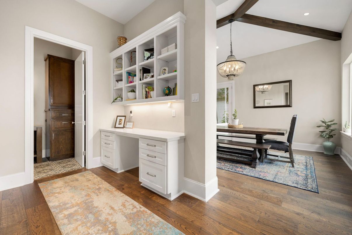 Dining room, Interior, Pendant Lights, Recessed Lighting, Wooden Beams, Wood Texture Flooring