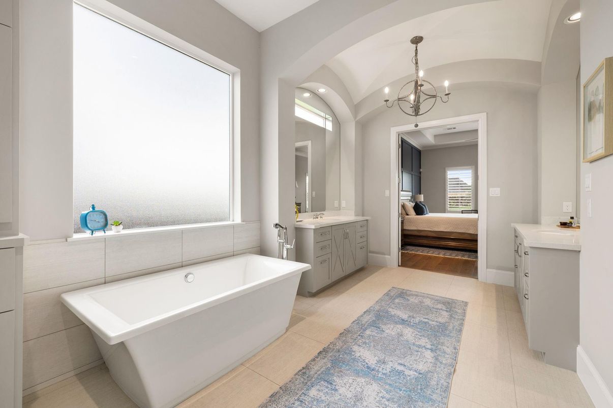 Bathroom, Bedroom, Chandelier, Dual Sink Vanities, Free Standing Baths, Interior, Recessed Lighting, Wood Texture Flooring