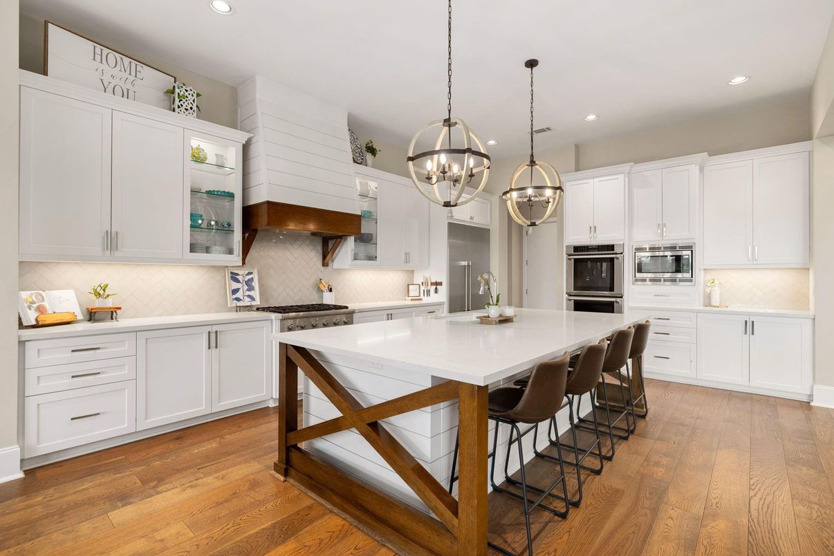 Chandelier, Interior, Kitchen, Pendant Lights, Recessed Lighting, Stainless Steel Appliances, Wood Texture Flooring