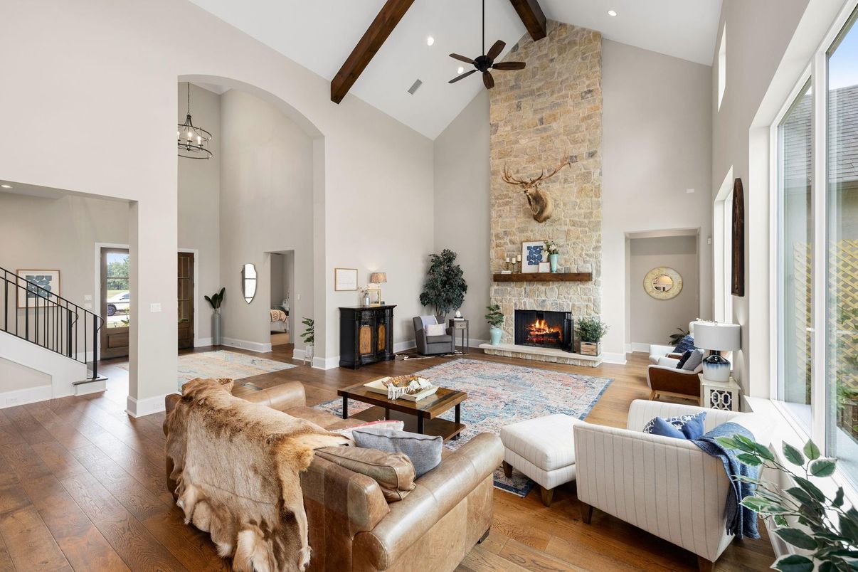 Fireplace, Interior, Living room, Pendant Lights, Recessed Lighting, Stone Walls, Wooden Beams, Wood Texture Flooring
