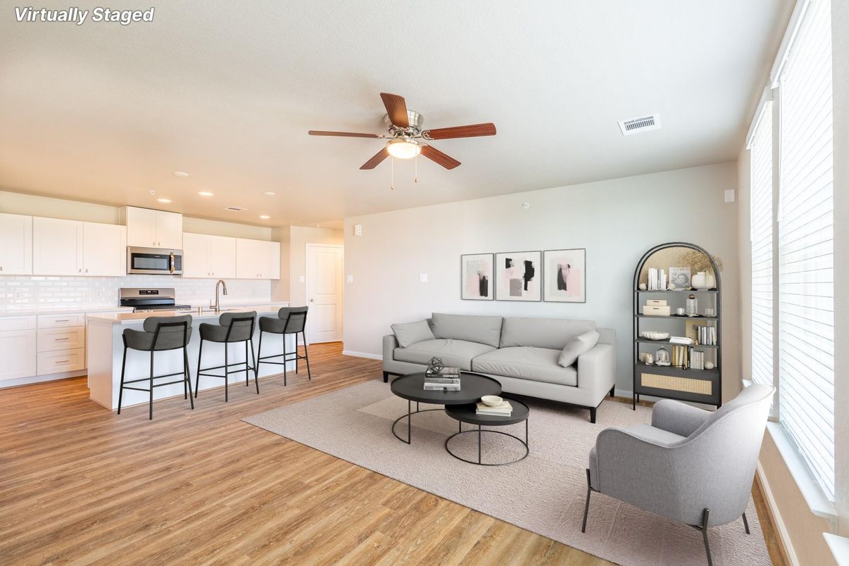 Interior, Kitchen, Living room, Recessed Lighting, Wood Texture Flooring