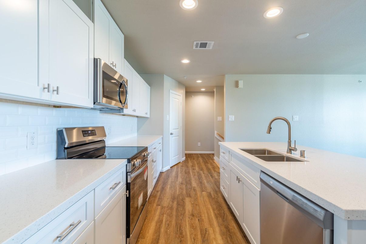 Interior, Kitchen, Recessed Lighting, Stainless Steel Appliances, Wood Texture Flooring