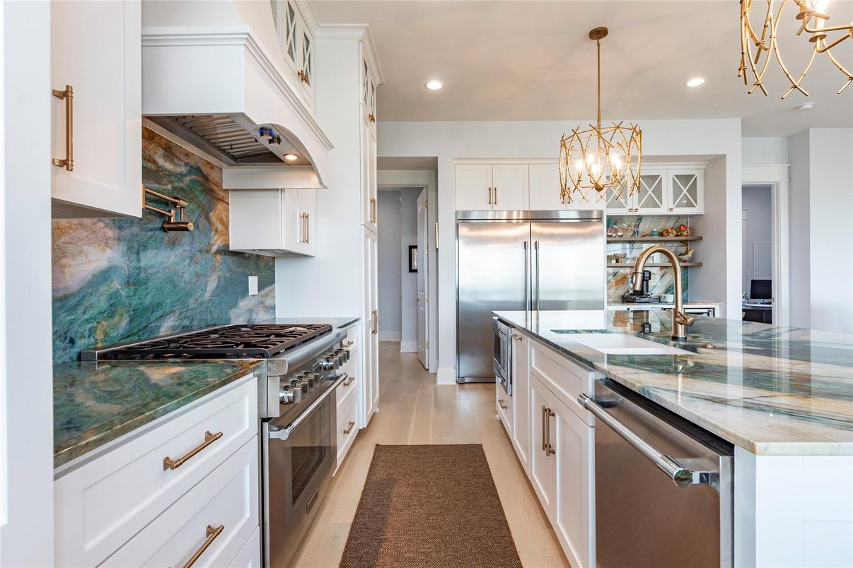 Chandelier, Interior, Kitchen, Pendant Lights, Recessed Lighting, Stainless Steel Appliances, Wood Texture Flooring
