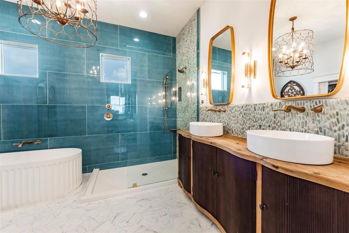 Bathroom, Chandelier, Dual Sink Vanities, Glass Shower, Interior, Marble, Recessed Lighting