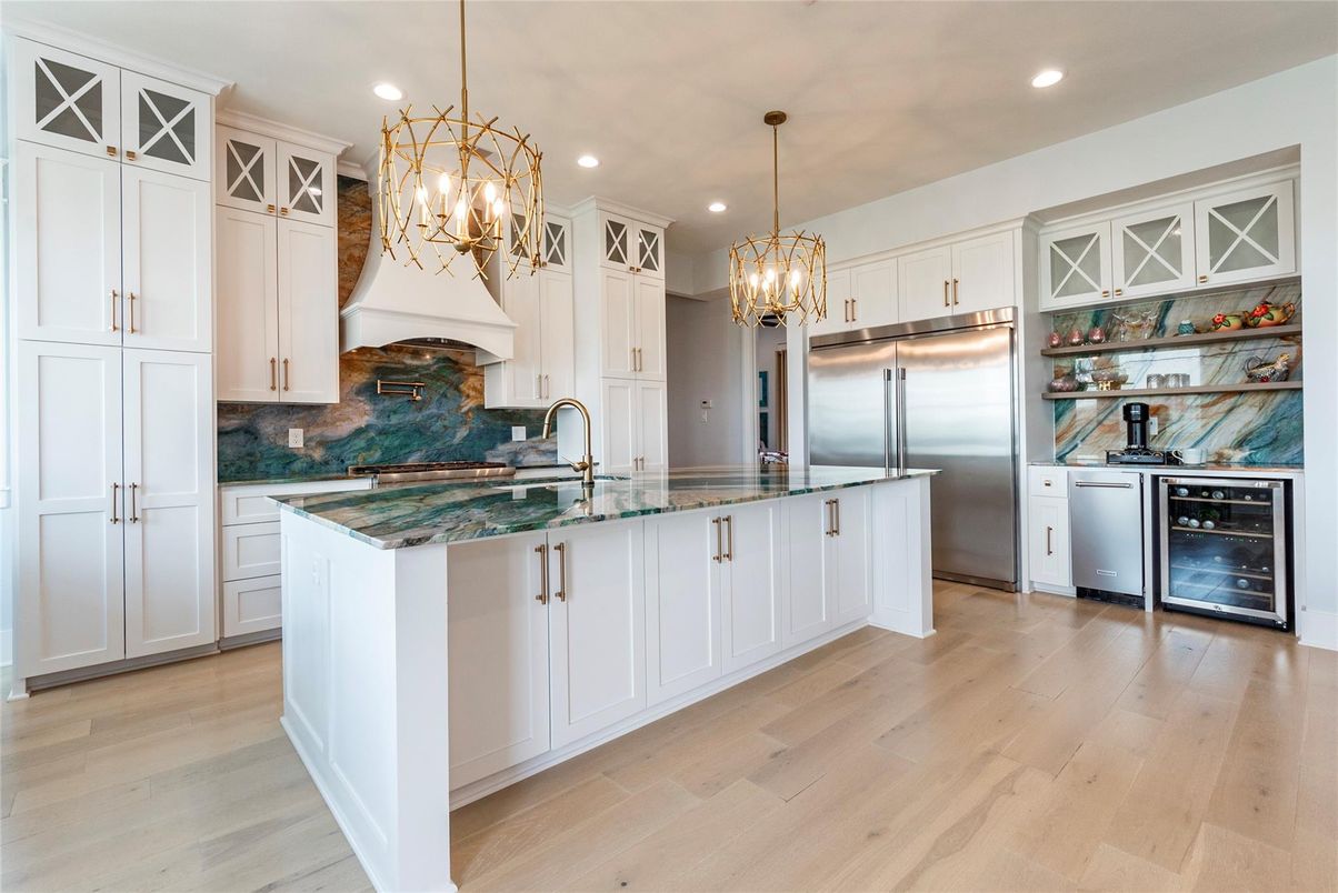 Chandelier, Interior, Kitchen, Pendant Lights, Recessed Lighting, Stainless Steel Appliances, Wood Texture Flooring