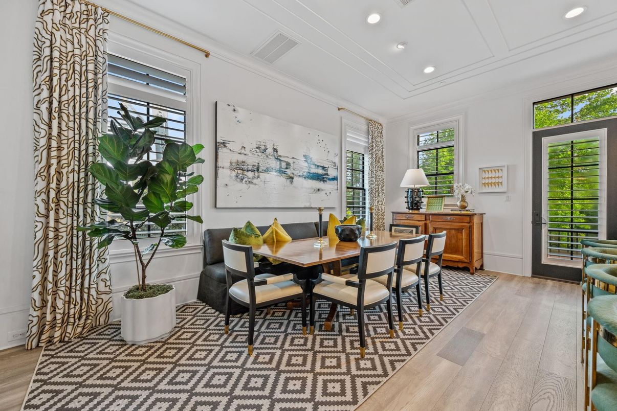 Dining room, Interior, Recessed Lighting, Wood Texture Flooring