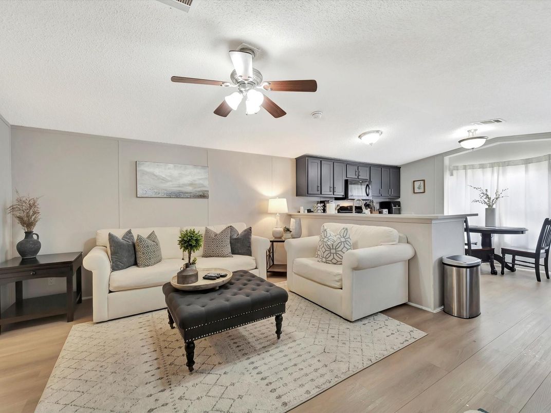 Dining room, Interior, Kitchen, Living room, Stainless Steel Appliances, Wood Texture Flooring