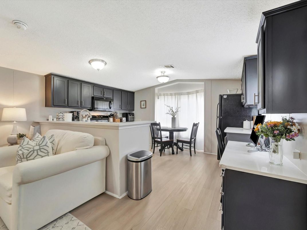 Dining room, Interior, Kitchen, Living room, Stainless Steel Appliances, Wood Texture Flooring