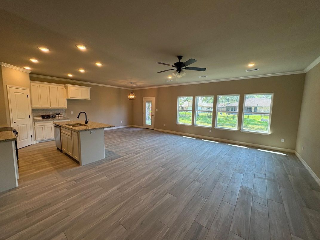 Empty room, Interior, Kitchen, Pendant Lights, Recessed Lighting, Wood Texture Flooring