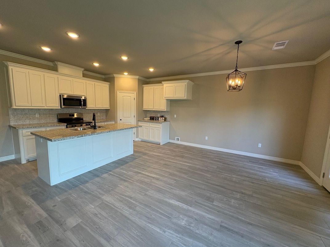 Interior, Kitchen, Pendant Lights, Recessed Lighting, Wood Texture Flooring