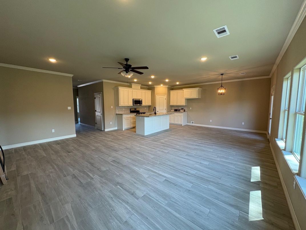 Empty room, Interior, Kitchen, Pendant Lights, Recessed Lighting, Wood Texture Flooring