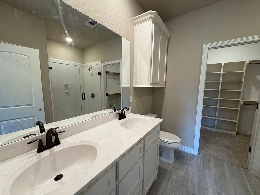 Bathroom, Dual Sink Vanities, Interior, Recessed Lighting, Wood Texture Flooring