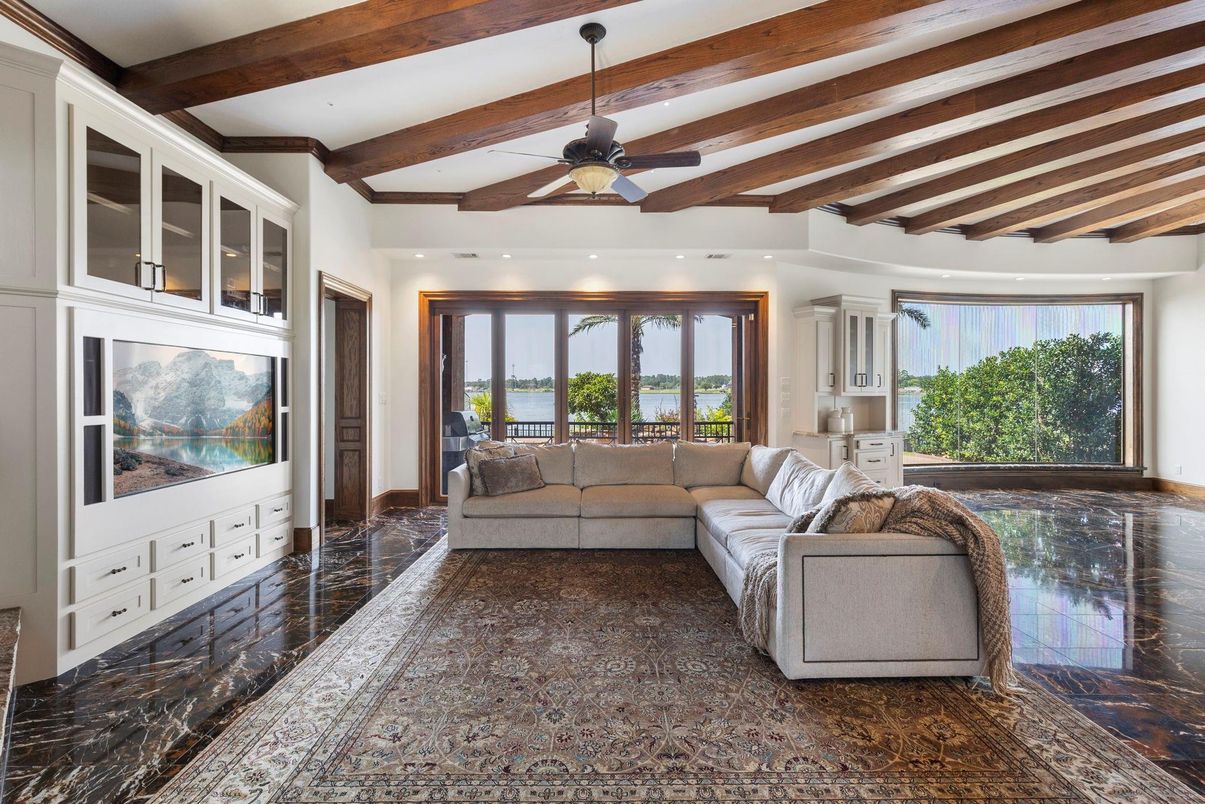 Interior, Living room, Recessed Lighting, Water, Wooden Beams