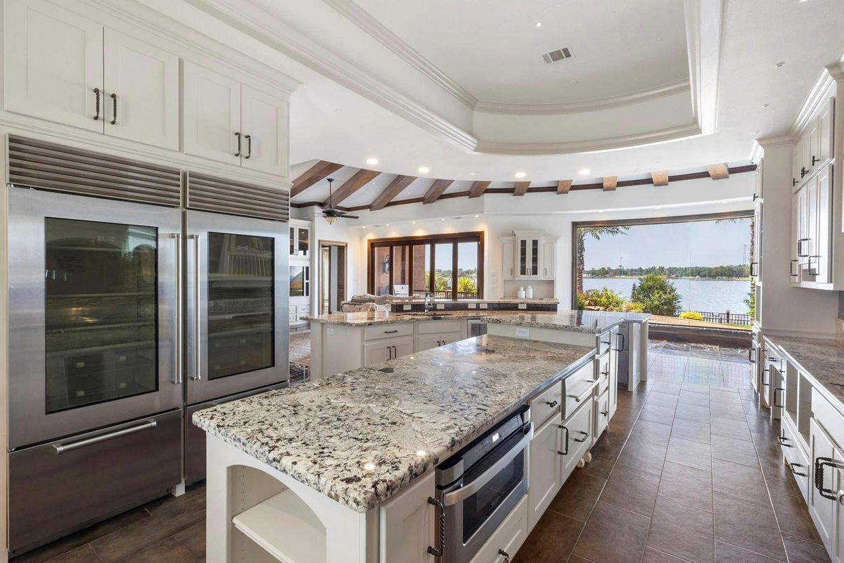 Interior, Kitchen, Recessed Lighting, Stainless Steel Appliances, Water, Wooden Beams