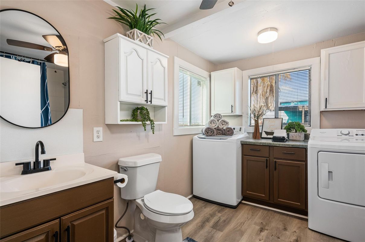 Bathroom, Interior, Washer, Wood Texture Flooring