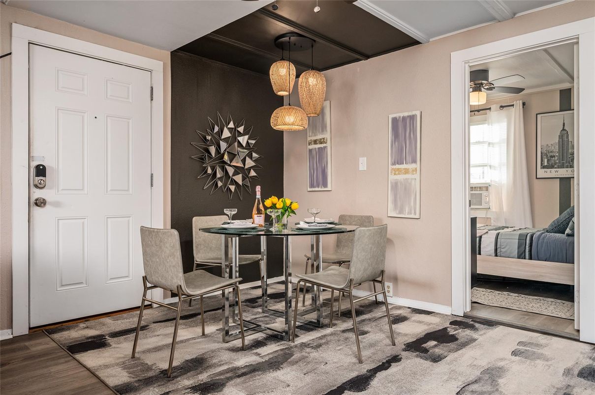 Dining room, Interior, Pendant Lights, Wood Texture Flooring