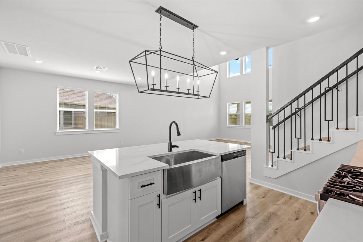 Interior, Kitchen, Pendant Lights, Recessed Lighting, Wood Texture Flooring