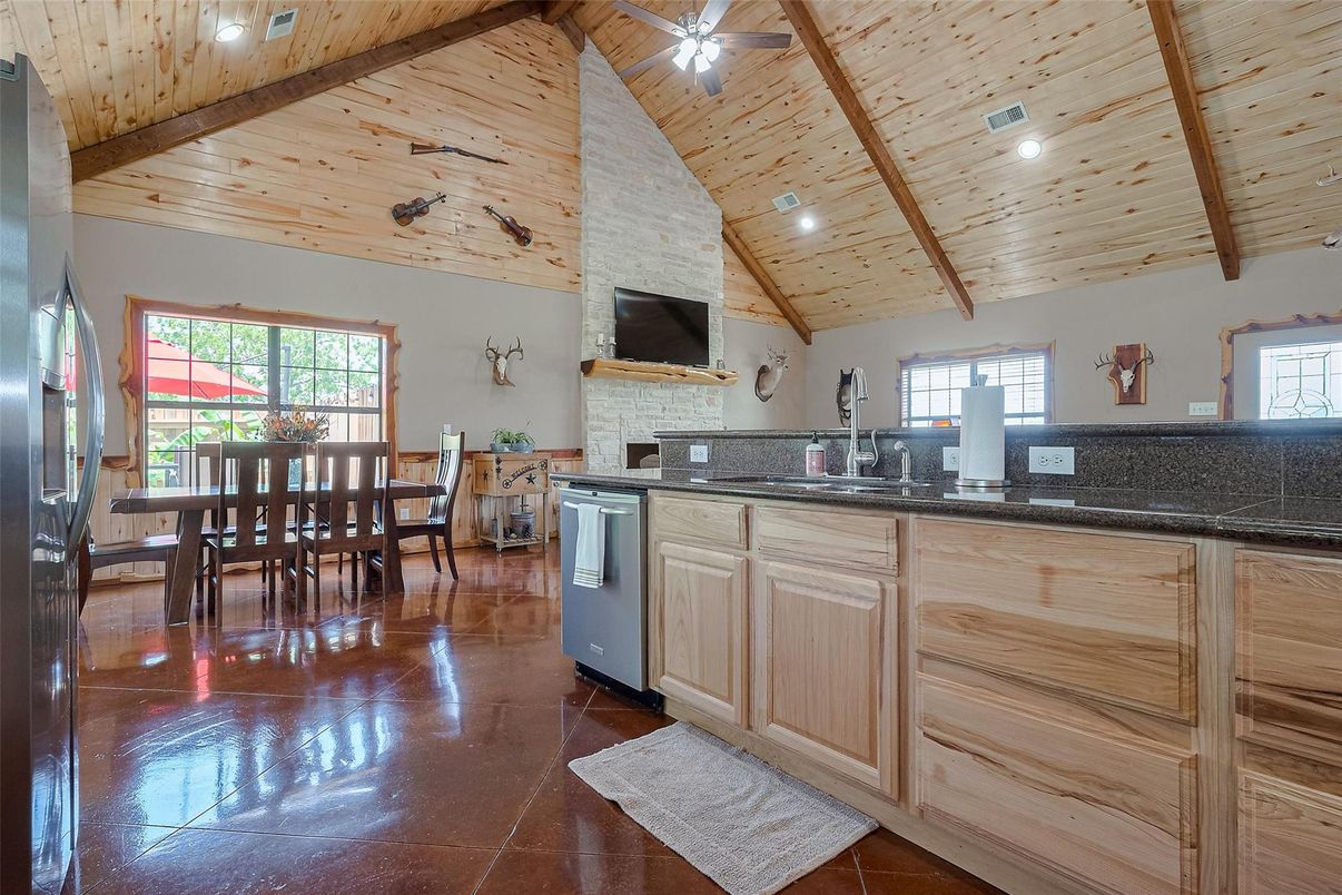 Dining room, Fireplace, Interior, Kitchen, Recessed Lighting, Wooden Beams, Wooden Ceilings