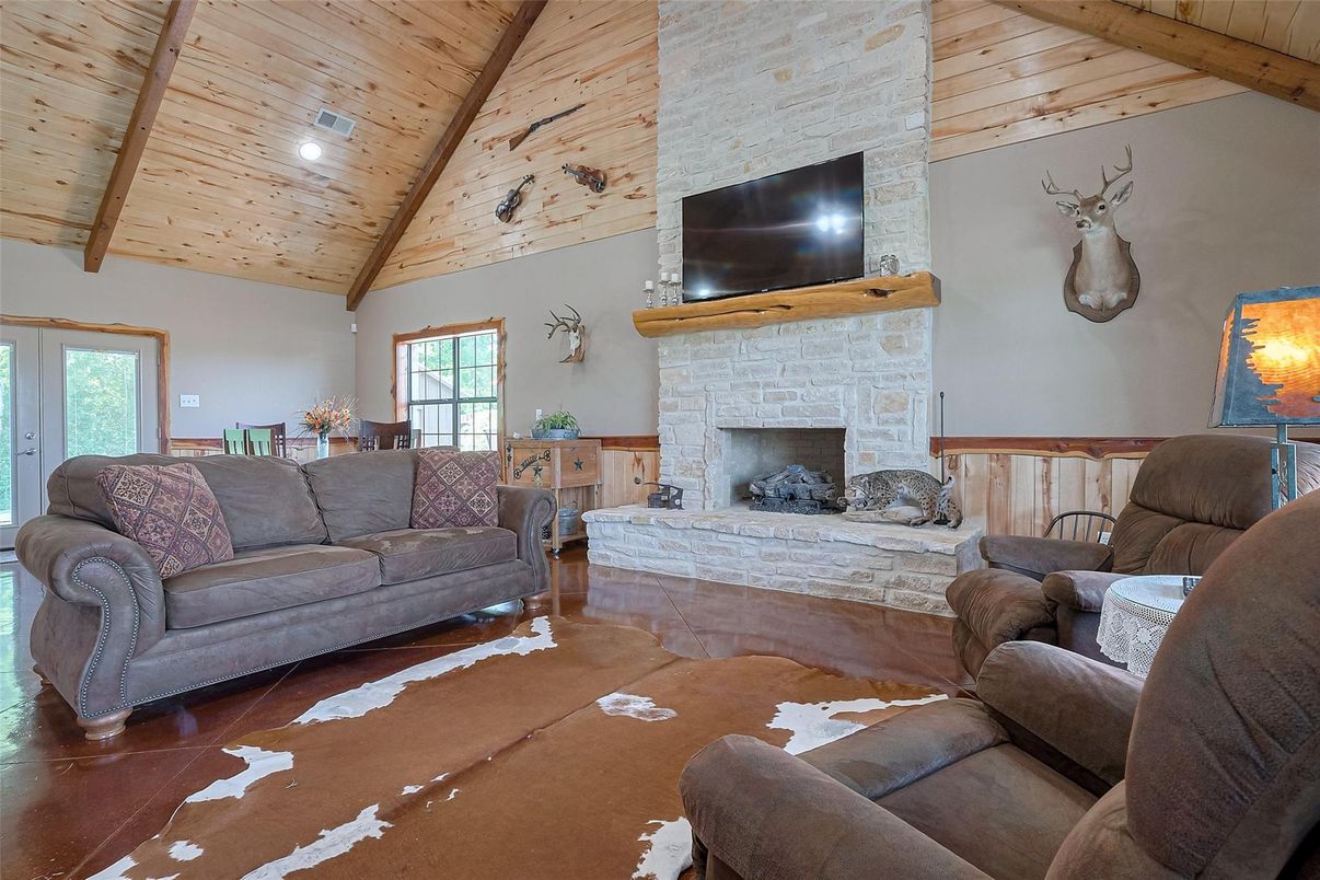 Fireplace, Interior, Living room, Recessed Lighting, Stone Walls, Wooden Beams, Wooden Ceilings, Wood Texture Flooring