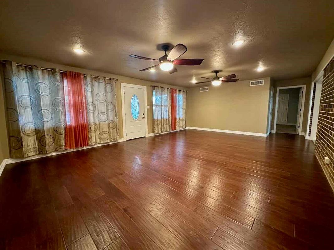 Empty room, Interior, Recessed Lighting, Stone Walls, Wood Texture Flooring