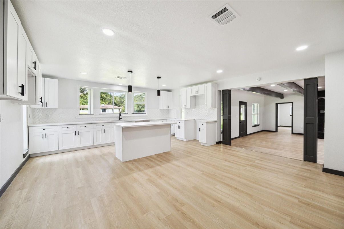 Interior, Kitchen, Pendant Lights, Recessed Lighting, Wood Texture Flooring