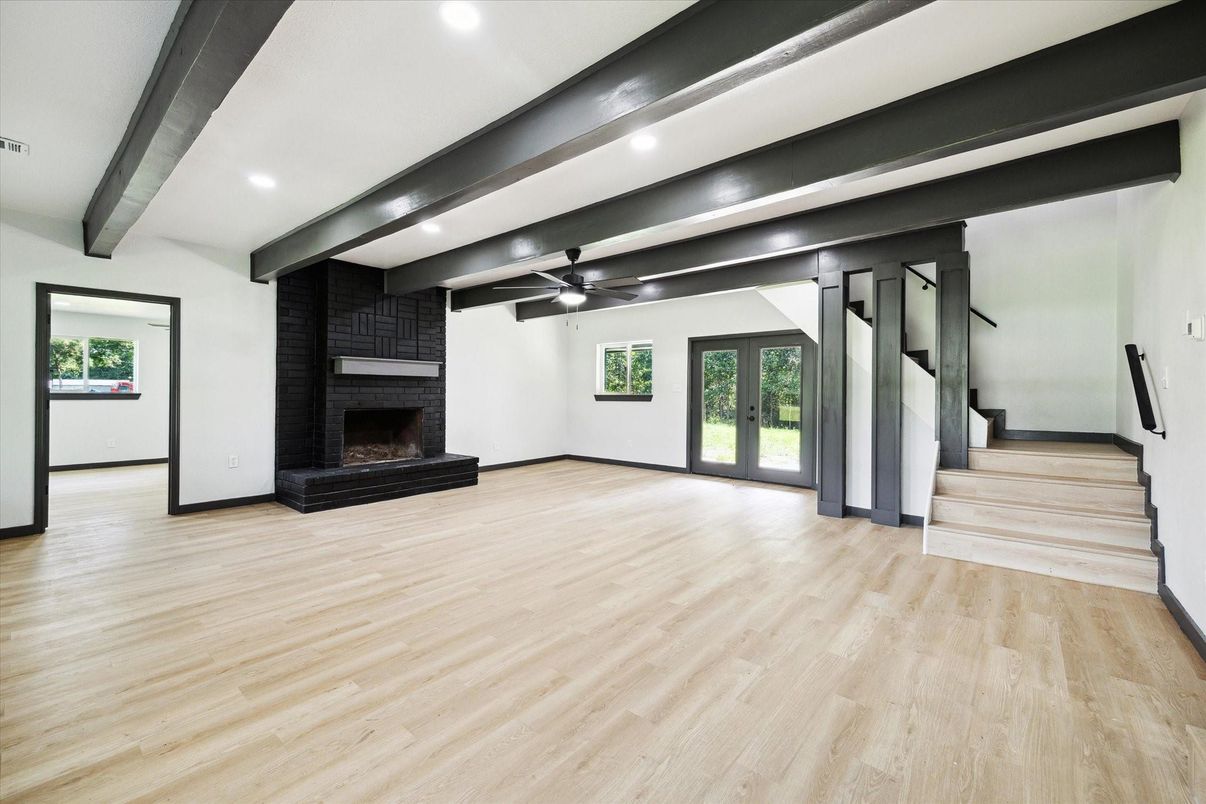Empty room, Fireplace, Interior, Recessed Lighting, Wood Texture Flooring