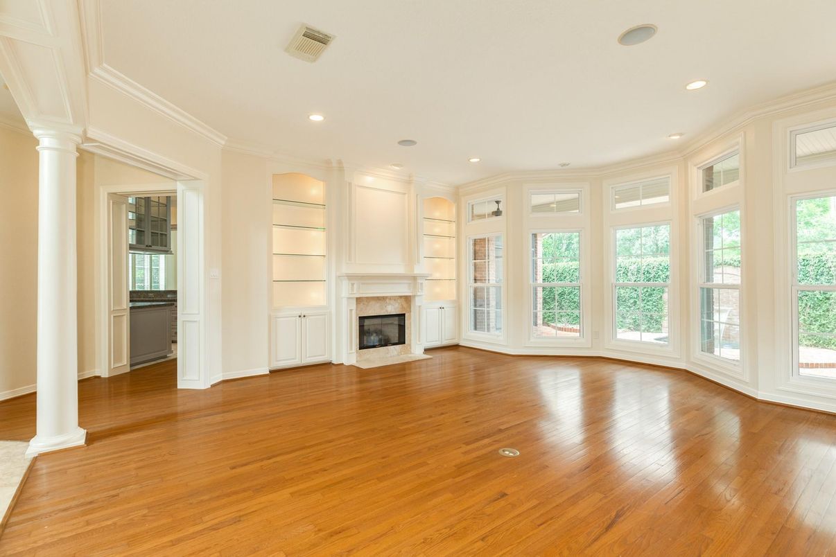 Empty room, Fireplace, Interior, Recessed Lighting, Wood Texture Flooring