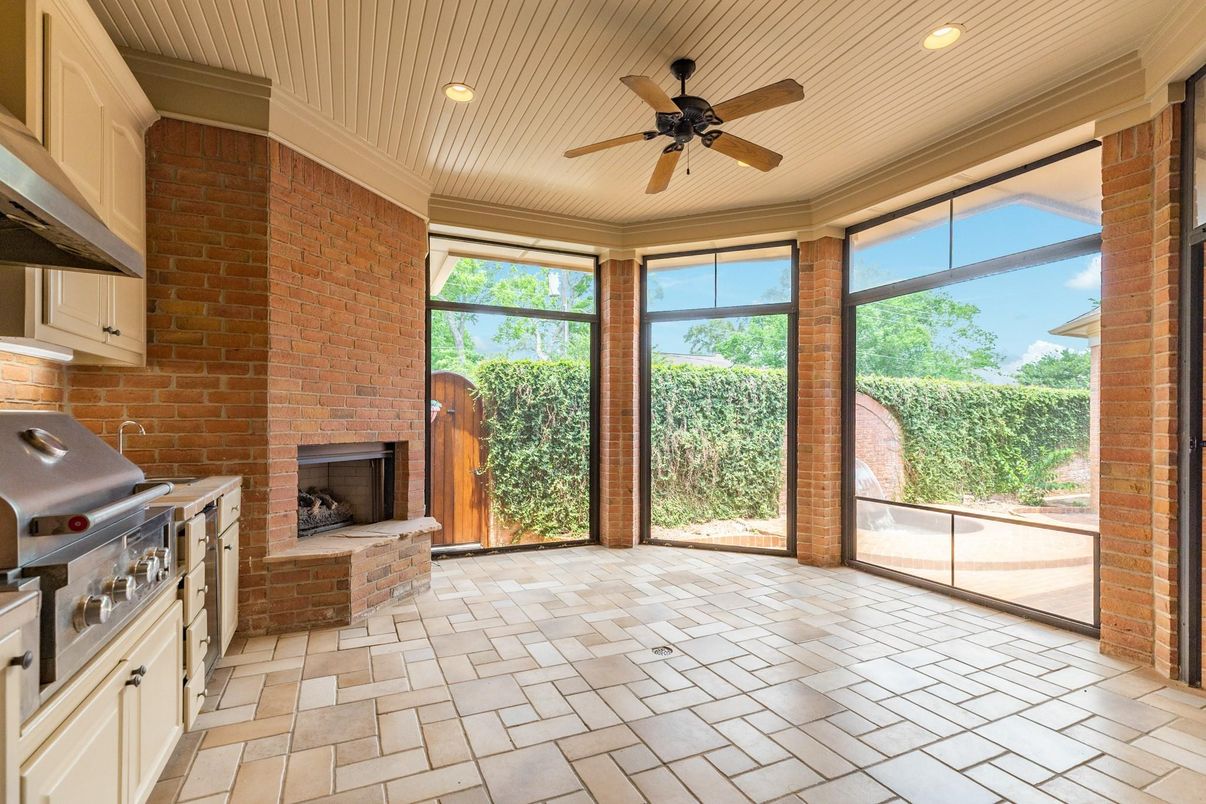 Fireplace, Interior, Recessed Lighting, Stone Walls