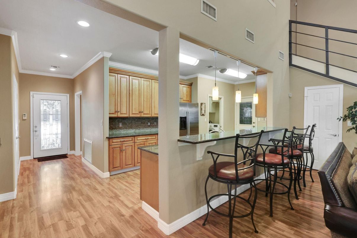 Interior, Kitchen, Pendant Lights, Recessed Lighting, Wood Texture Flooring