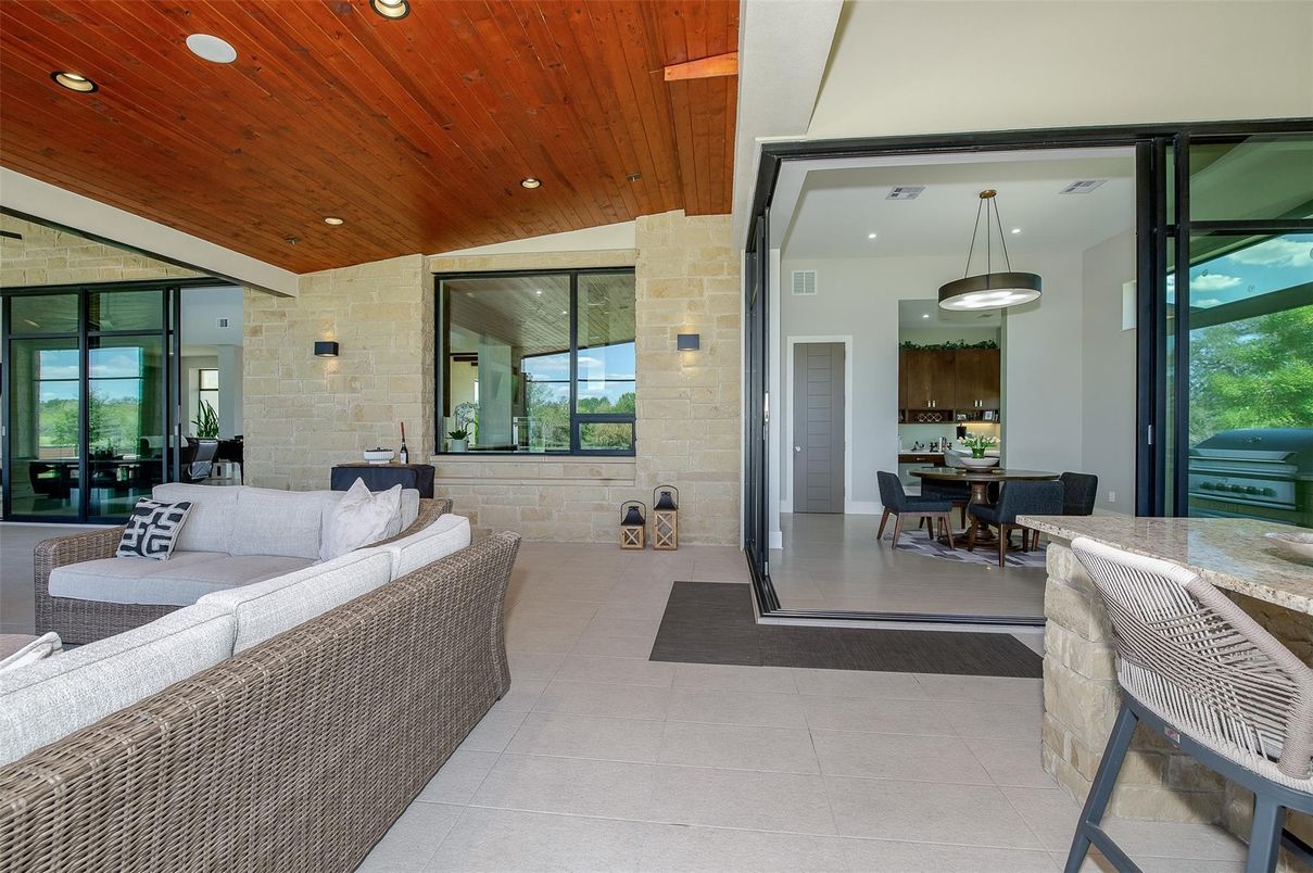 Dining room, Interior, Living room, Pendant Lights, Recessed Lighting, Stone Walls, Wooden Ceilings