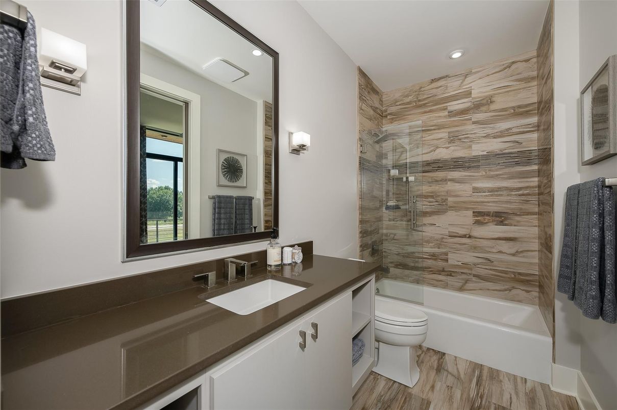Bathroom, Glass Shower, Interior, Recessed Lighting, Wood Texture Flooring