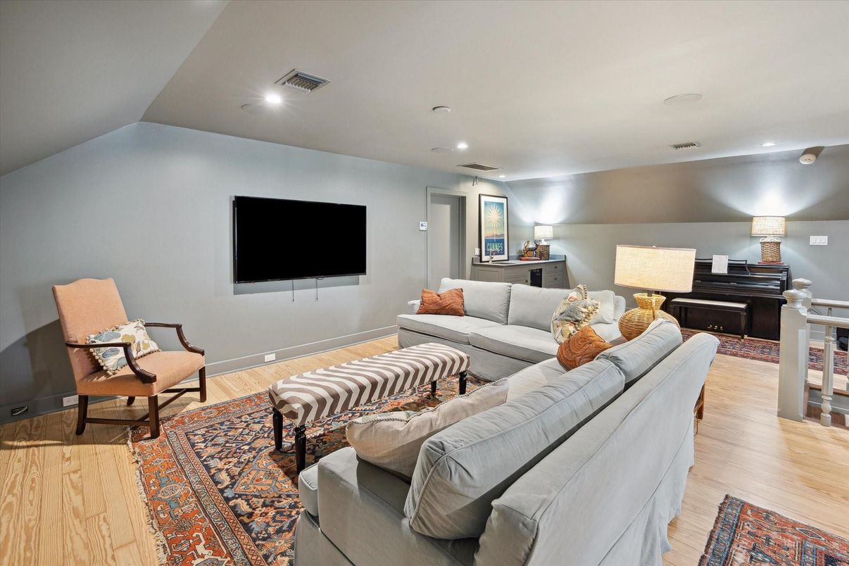 Interior, Living room, Piano, Recessed Lighting, Wood Texture Flooring