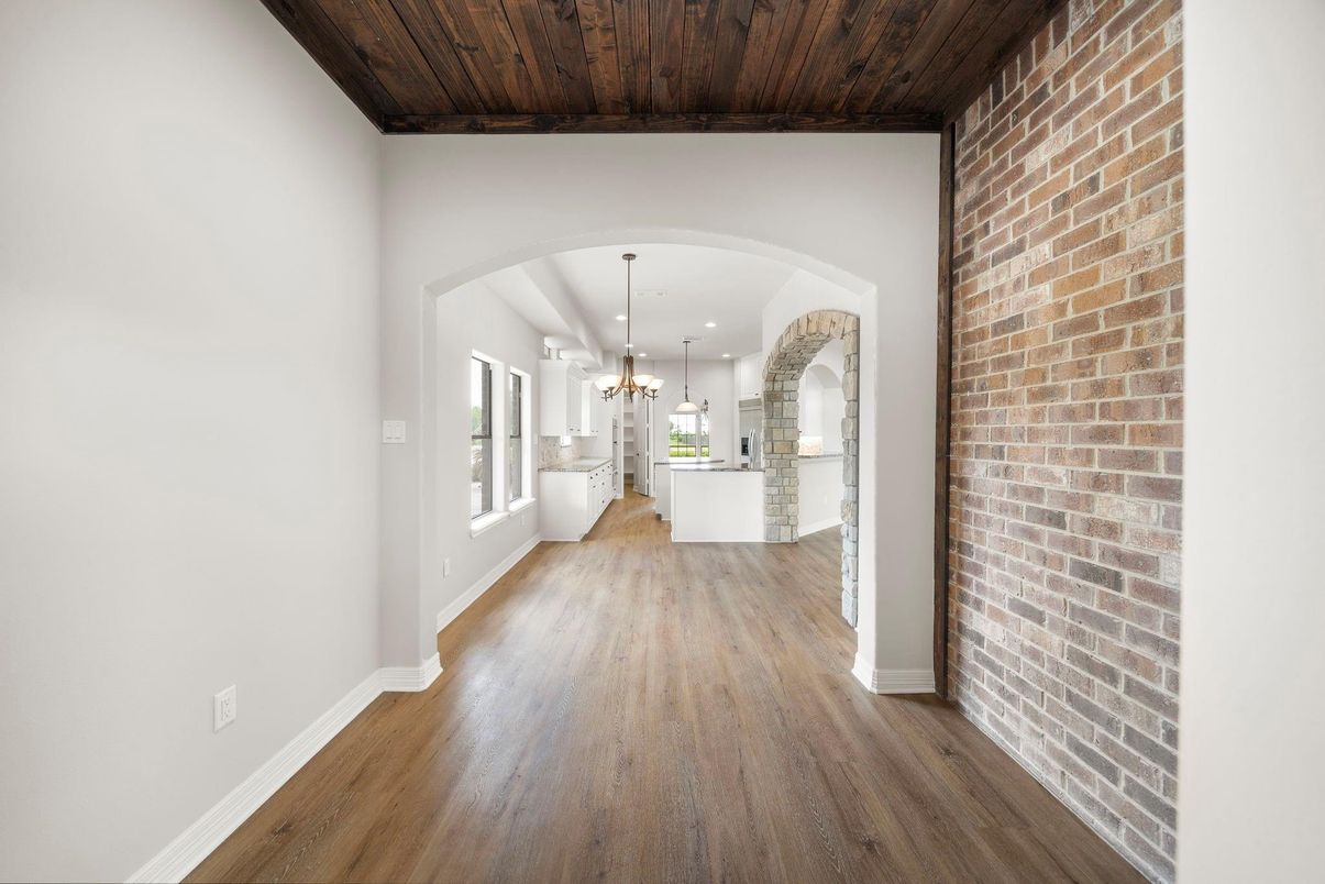 Interior, Kitchen, Pendant Lights, Recessed Lighting, Stone Walls, Wooden Ceilings, Wood Texture Flooring