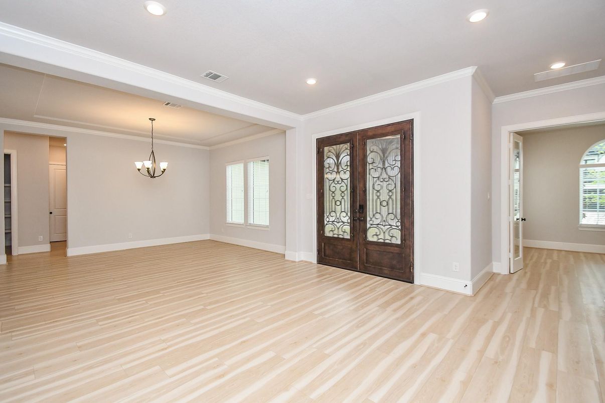 Chandelier, Empty room, Interior, Recessed Lighting, Wood Texture Flooring