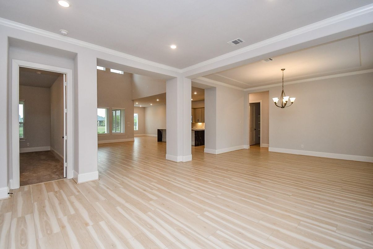Chandelier, Empty room, Interior, Recessed Lighting, Wood Texture Flooring