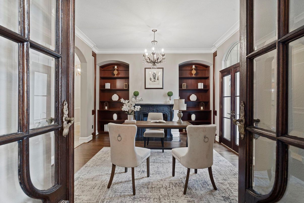 Chandelier, Home Office, Interior, Wood Texture Flooring