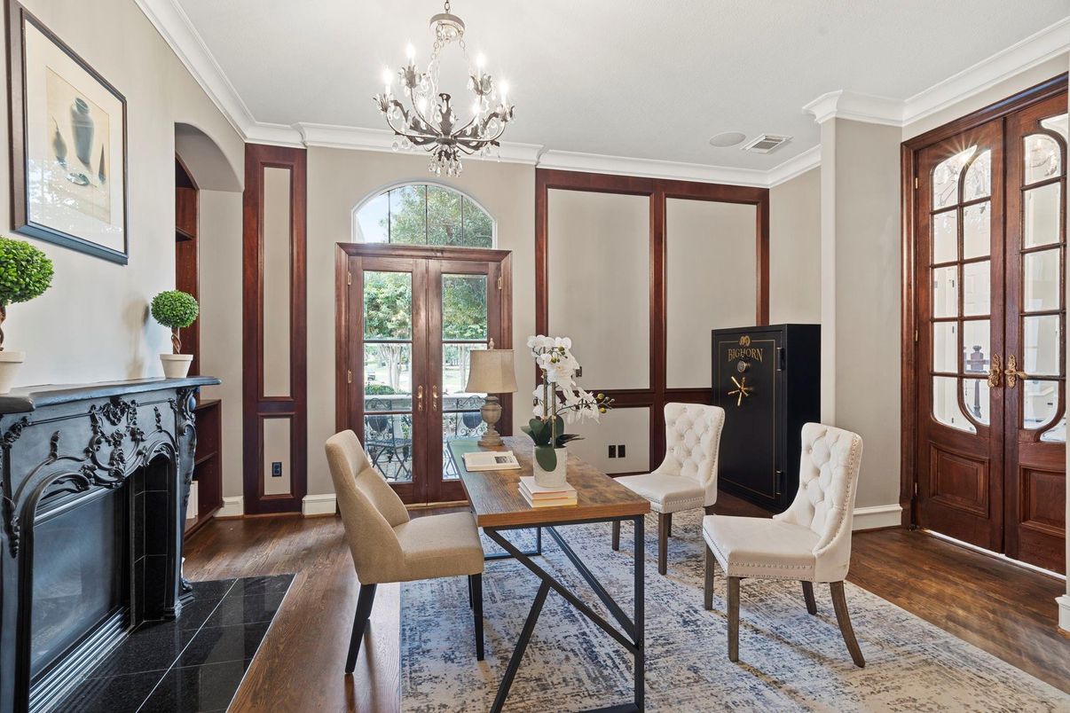 Chandelier, Fireplace, Home Office, Interior, Wood Texture Flooring