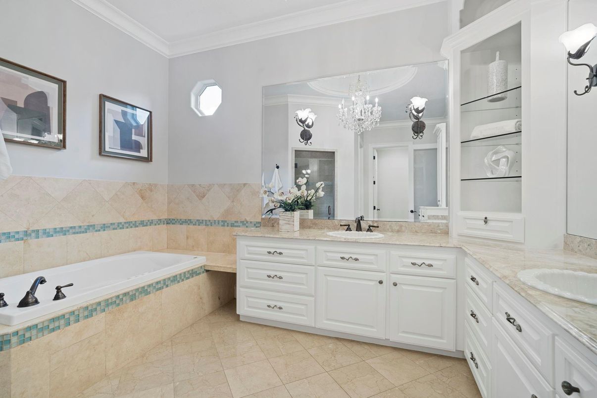 Bathroom, Chandelier, Dual Sink Vanities, Interior, Tile Countertops